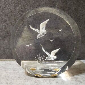 Vintage 70s Coastal Birds Engraved Lucite Paperweight Nautical Seascape Sculptur